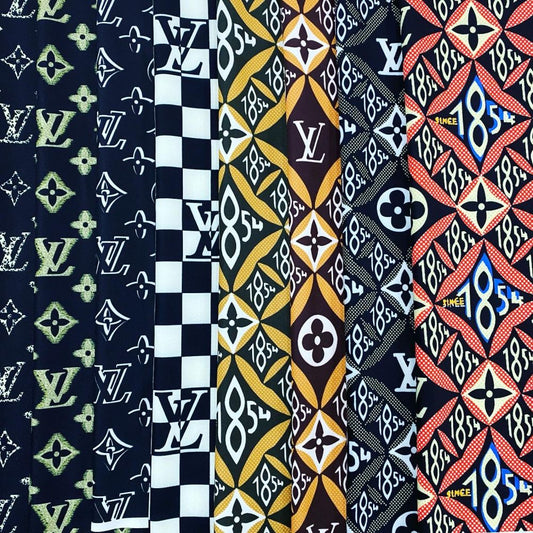 Designer inspired LV Pattern digital printed moss crepe spandex fabrics