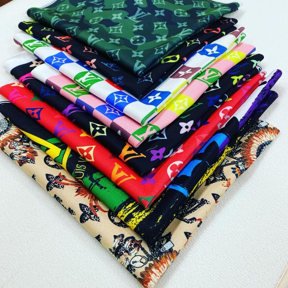 Designer inspired LV Pattern digital printed stretch knitted fabric