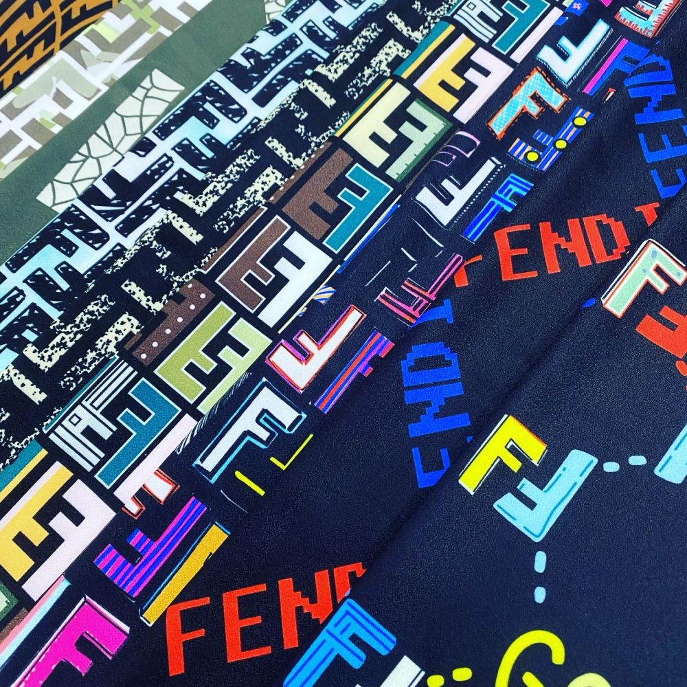 Designer inspired Fendi Pattern digital printed moss crepe spandex fabrics