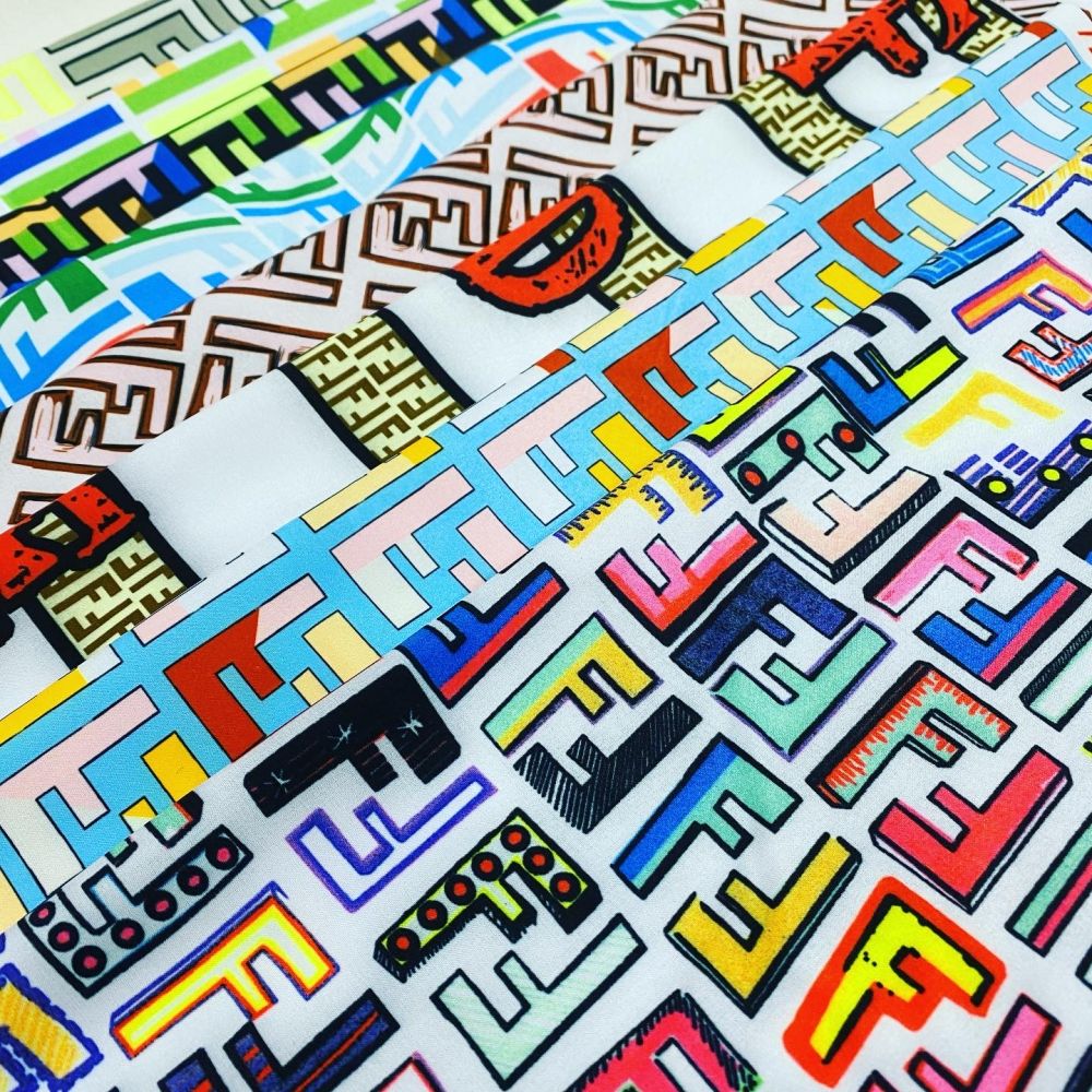 Designer inspired Fendi Pattern digital printed four way spandex fabrics