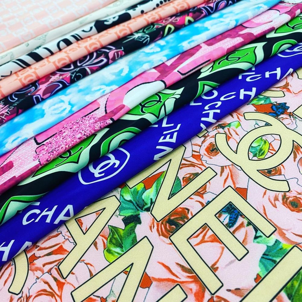 Designer inspired Chanel Pattern digital printed silky satin fabrics