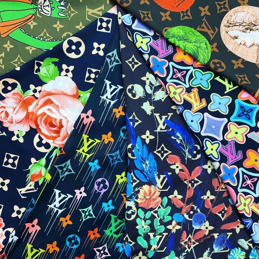 Designer inspired LV Pattern digital printed silky satin fabrics