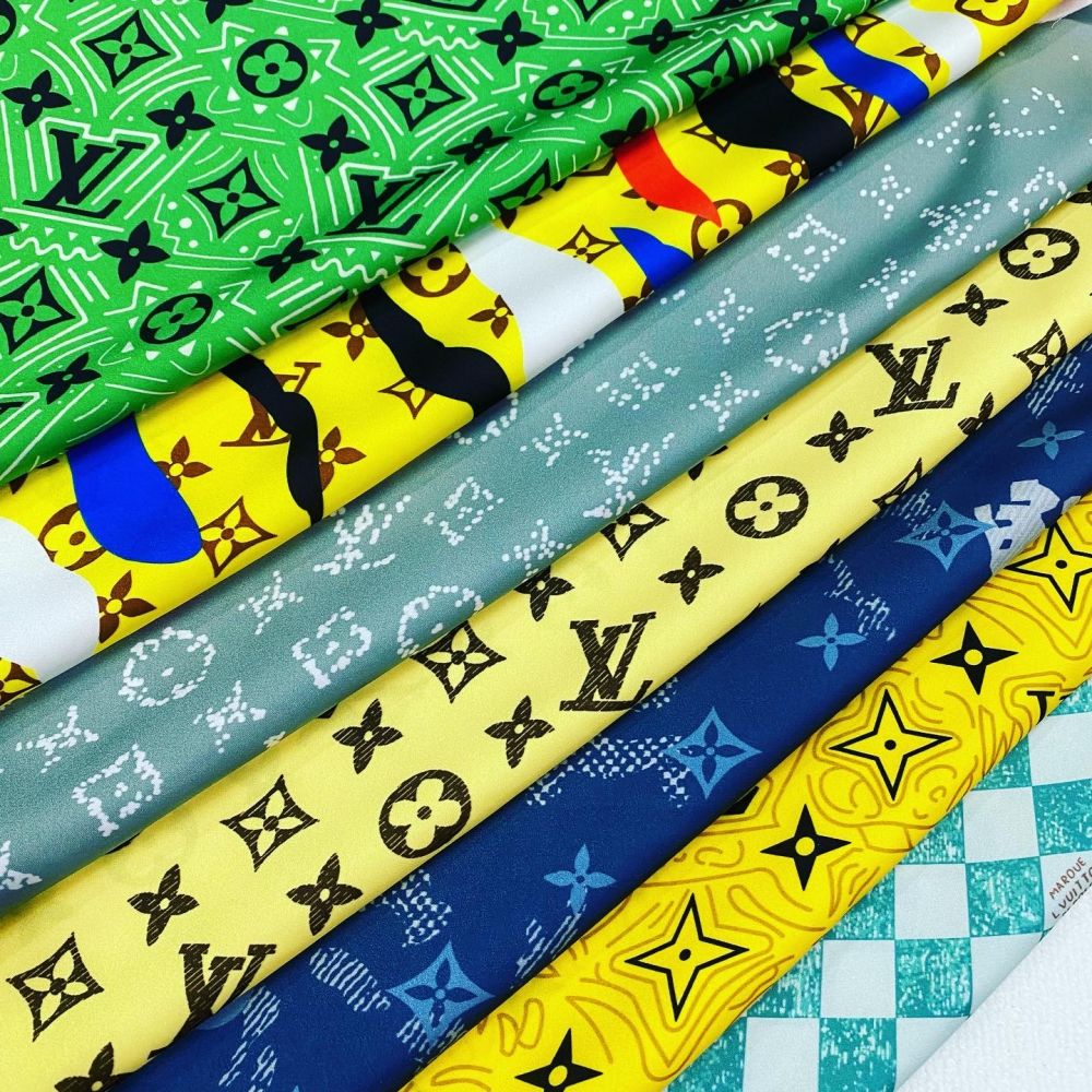 Designer inspired LV Pattern digital printed silky satin fabrics