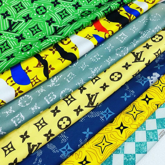 Designer inspired LV Pattern digital printed silky satin fabrics