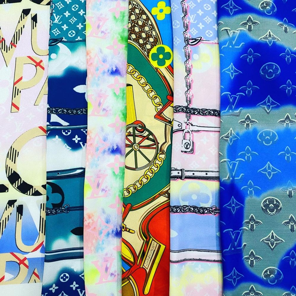 Designer inspired LV Pattern digital printed silky satin fabrics