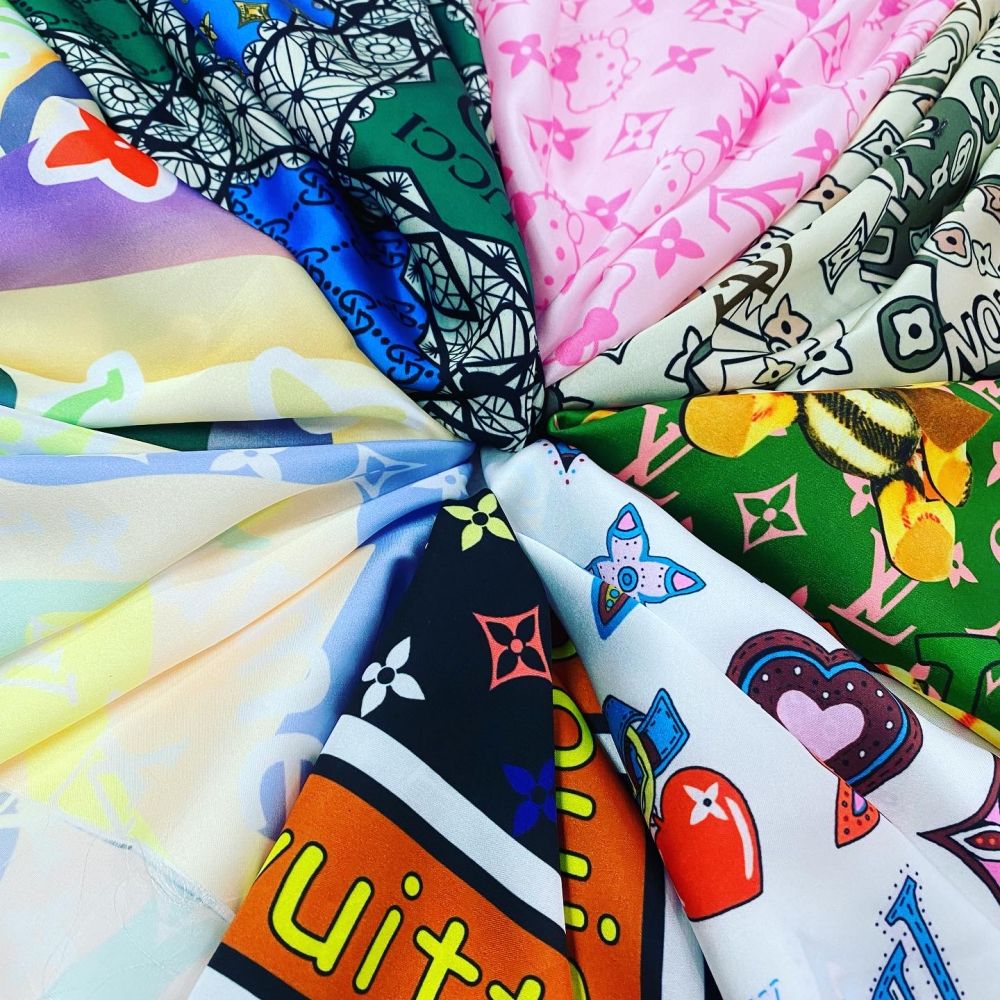 Designer inspired LV Pattern digital printed silky satin fabrics