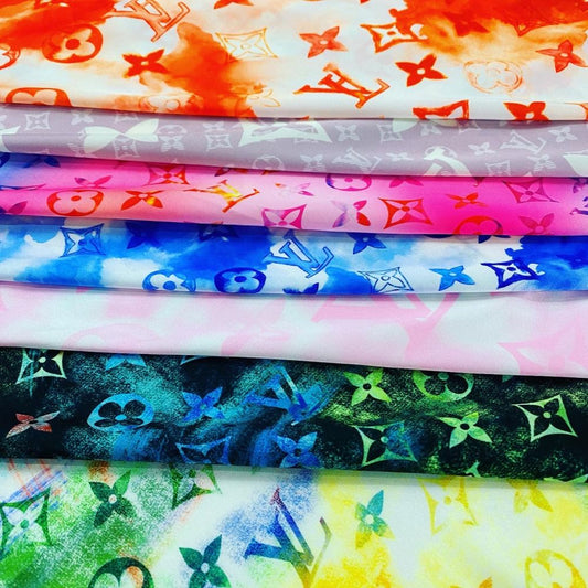 Designer inspired LV Pattern digital printed silky satin fabric