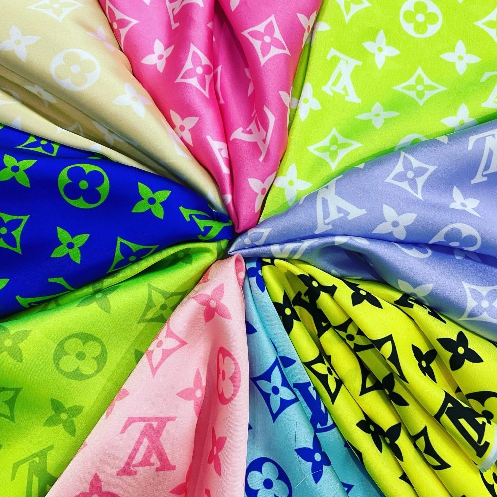 Designer inspired LV Pattern digital printed silky satin fabrics
